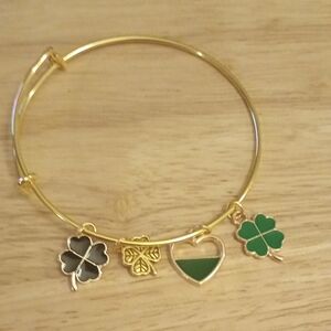 Hand Crafted Gold-Tone Charm Bangle Bracelet with Green and Black Enamel Charms